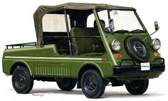 an old green jeep is parked in front of a white background