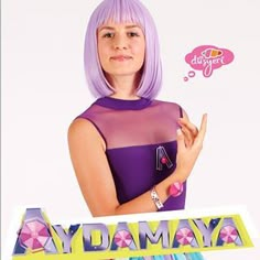 a woman with purple hair is standing in front of a sign that says, dayama