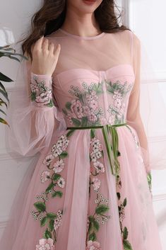 Corset Illusion Long Sleeves Floral Applique Midi Dress House Cottagecore, Long Sleeve Prom Dresses, Patterned Bridesmaid, Sleeve Prom Dresses, Teuta Matoshi, Fairytale Cottage, Long Sleeve Prom, Illusion Neckline, Blush Dresses