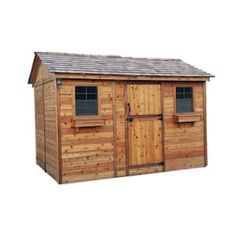 a wooden shed with two windows and a roof