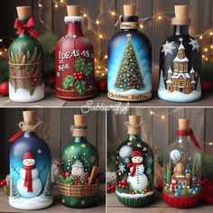 four bottles with christmas decorations painted on them, all decorated in different styles and colors