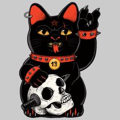 a black cat sitting next to a skull on top of a gray background with the number thirteen written below it