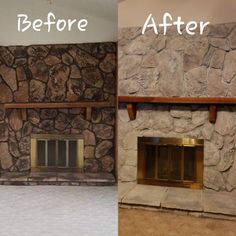 before and after pictures of a stone fireplace