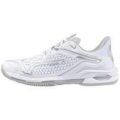 a white tennis shoe is shown on a white background and has an upper part of the shoe