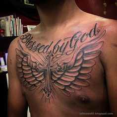 a man with a cross and wings tattoo on his chest that says, seed of god