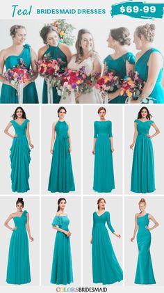 the bridesmaid dresses are in different colors and styles, but they're too long