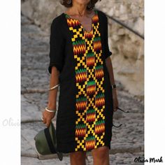 Olivia Mark - Geometric Print Loose-fit Midi Dress with Four-way Stretch Kente Pattern, Terry Cloth Dress, Women Long Sleeve Dress, Black Pride, Outdoor Indoor, Photo Colour, Types Of Skirts, Stretch Lace, Lcd Screen