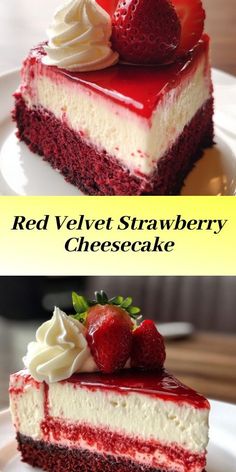 red velvet strawberry cheesecake on a white plate