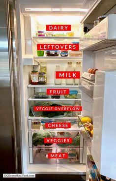 It's the perfect time of the year to start organizing your kitchen, including the refrigerator. Here's my system that has so many benefits. Small Refrigerator Organization, Shelf Labels, Side By Side Fridge, Fridge Shelf, 100 Days Of Real Food, Fridge Drawers, Clear Bins