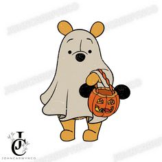 a cartoon bear dressed as a ghost holding a jack - o'- lantern bag