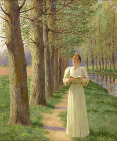 a painting of a woman in a white dress standing on a path next to trees