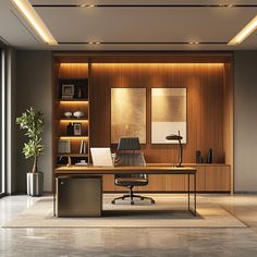 an office with a desk, chair and bookcase in the middle is lit by recessed lighting