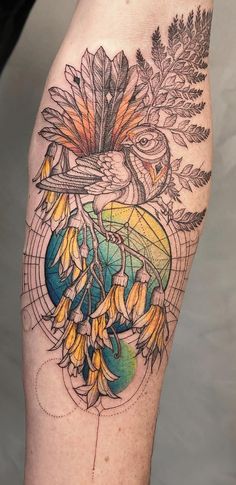 a woman's thigh with an eagle and sunflowers on it