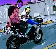 a man riding on the back of a motorcycle next to a person wearing a mask