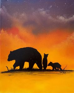 an image of a bear and her cubs in the sunset with stars on the sky