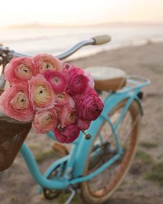 a blue bicycle with pink flowers on the handlebars is parked by the beach