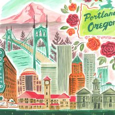 Portland skyline framed art with St. John's Bridge, downtown, and famous Portland signs; trendy illustration by Angela Staehling Portland Illustration, Oregon Illustration, Portland Oregon Aesthetic, Portland Poster, Portland Aesthetic, Portland Map, Portland Skyline, Downtown Portland Oregon, Improv Quilt