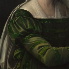 a painting of a woman in green and white with her hands on her chest, looking to the side