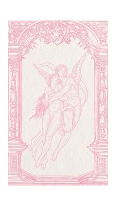 a pink drawing of an angel holding a woman's head in front of a white background