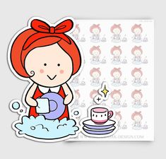 This sheet features 20 stickers of Little Ruby washing the dishes in your choice of 5 hair colors. This sticker can also be found on sheet GRL-001 with additional housework designs. • 5 hair colors to choose from • Matte paper with permanent adhesive • Each sheet is 4.75 high x 3.5 wide • Please Mini Planner