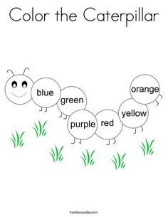 color the caterpillar coloring page with green grass and blue, orange and yellow