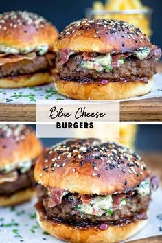 two burgers with cheese and other toppings on them