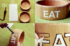 four pictures showing how to make an easy diy wood bowl with letters and numbers