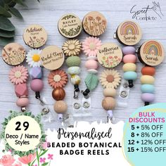 "Beautiful personalised beaded retractable badge reels including a range of flower options and a pastel and boho rainbow option. Option to add an ID Badge Clear plastic zip lock holder.  Name and Title combos -  NOTE: If you don't include a title it will just have your name. Eg. I do not leave \"Nurse\" on the tag unless stated. --------------------------------------------------------------------------- BULK CODES to use: (Use code at checkout) BADGE5PLUS - order 5 badge reels receive 5% off BADGE8PLUS - order 8 badge reels receive 8% off BADGE12PLUS - order 12 badge reels receive 12% off BADGE15PLUS - order 15 badge reels receive 15% off --------------------------------------------------------------------------- - IMAGE 3 and 4 - Available in 8 hand beaded designs - IMAGE 7 - 9 - Choose f Adjustable Customizable Craft Supplies For Personal Use, Diy Badge Holder, Diy Badge Reel, Keychain Business, Badge Reels Diy, Beaded Badge Reel, Beaded Daisy, Beaded Designs, Reel Ideas