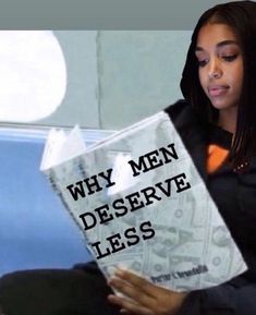 a woman sitting down reading a book with the words why men deserves less on it