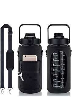 an image of a water bottle with straps attached to it and thermos in front