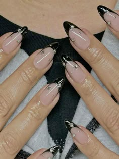 Black Prom Nails, Black Chrome Nails, Black French Nails, Bridesmaids Nails, Almond Nails Designs, Black French, Funky Nails