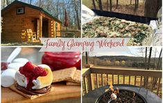 a collage of photos with the words family camping weekend written in red and white