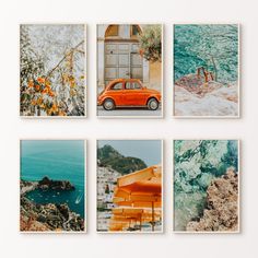 four photographs of an orange car in front of the ocean