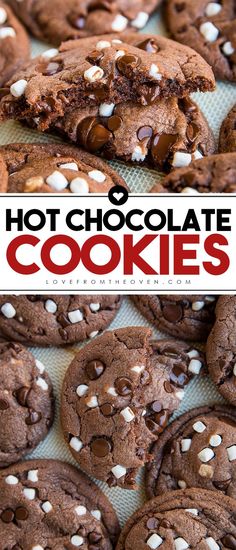 chocolate cookies with white sprinkles on top and the title overlay reads, hot chocolate cookies