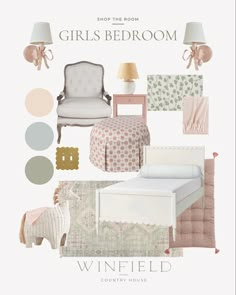 a bedroom with furniture and accessories in pink, green, white and gold colors on the walls