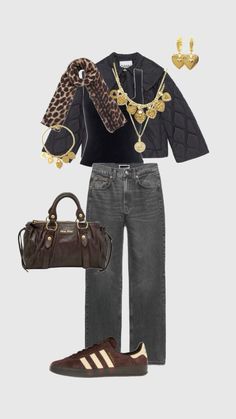 a woman in black shirt and jeans with leopard print scarf, handbag and shoes