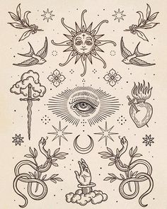 an old fashioned tattoo design with sun, moon and other symbols