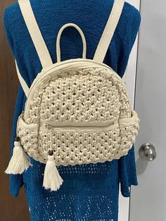 This is a white boho style macrame and beaded purse backpack by Sigrid Olsen. In very good condition with the exception of a small brown spot( see photo 3). It will probably wash out, something I never attempted. Macrame Backpack, Macrame Purse, Macrame Bags, Macrame Boho, Purse Backpack, Boho Macrame, Macrame Bag, White Beads, Bagpack