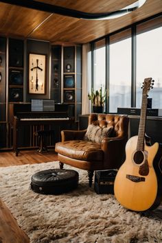 a living room filled with furniture and a guitar