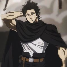 an anime character with black hair wearing a cape and holding his hands behind his head