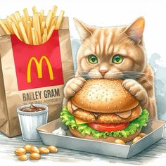 a cat is eating a large hamburger and french fries