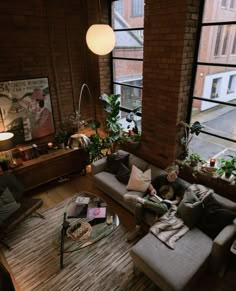 a living room filled with furniture and windows next to a wooden floor covered in plants