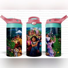 two children's water bottles with the image of disney and princesses on them