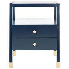 a blue nightstand with two drawers and gold trimmings on the bottom, against a white background