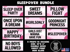 sleepover bundle for girls with pink camo background and white lettering on the side