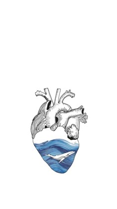 a drawing of a heart floating in the air with two dolphins swimming below it and an ocean wave behind it