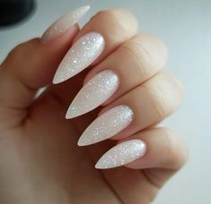 White With Silver Glitter Nails, Glitter Nails Almond Shape, White Chrome Almond Nails, Glitter Nails Almond, Glitter Stiletto Nails, White Sparkle Nails, Nails Almond Shape, White Almond Nails, Glitter Stilettos