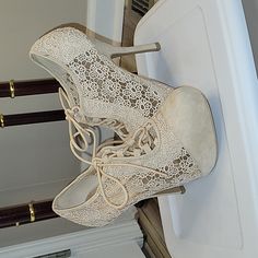 Size 9, Nwot, Cream Booties, Faux Suede & Crochet, Laces Up, Platform With 4 Inch Heels, 1 Inch Platform, Any Questions Ask Lace Heels With Round Toe And Laces, Lace Heels With Laces And Round Toe, Spring High Heel With Lace Trim, Spring High Heels With Lace Trim, Spring Lace-up Fitted Booties, Cream Lace-up Synthetic Heels, Lace-up Lace Heels, 4 Inch Heels, Suede Booties