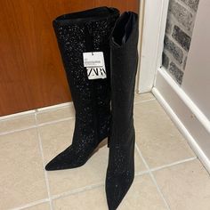 Knee High Boot With Black Rhinestone Details. New With Tag. Size 6 Black Sparkly Knee High Boots, Elegant Glitter Boots For Winter, Elegant Winter Glitter Boots, Elegant Glitter Boots With Pointed Toe, Elegant Black Boots With Bling, Black Sparkling Boots For Party, Black Sparkling Party Boots, Elegant Black Sparkling Boots, Black Sequined Boots For Evening