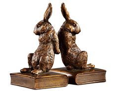 two bronze rabbits sitting on top of an open book with their tails touching each other